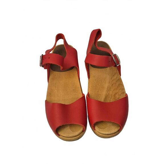 Mia Shoes Shoes - Mia Swedish Red Leather Clog Sandal Wood Platform And Insole